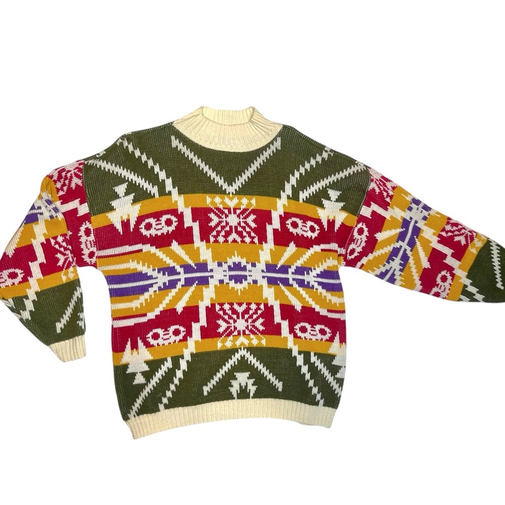 Vintage 1980s Made in USA Acrylic Pullover Knit Striped Pattern Sweater Mock